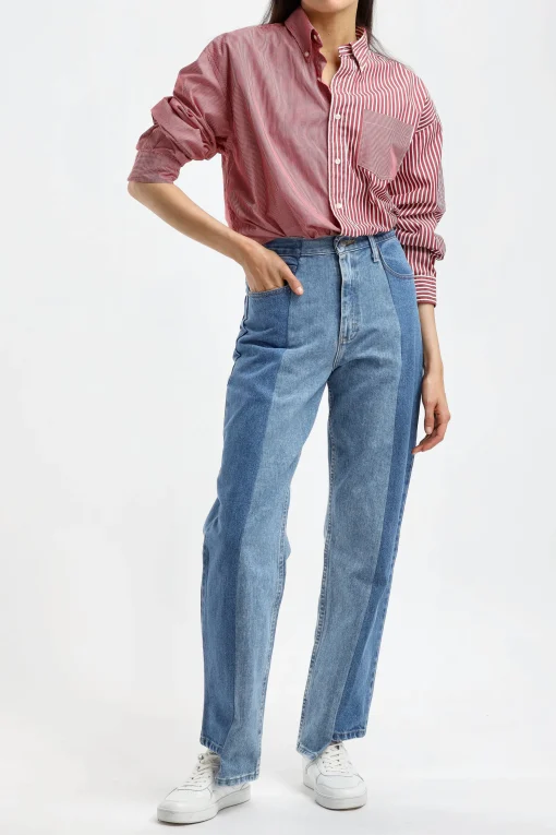Femme E.L.V. Denim Blouse Diana En Blanc/Rouge