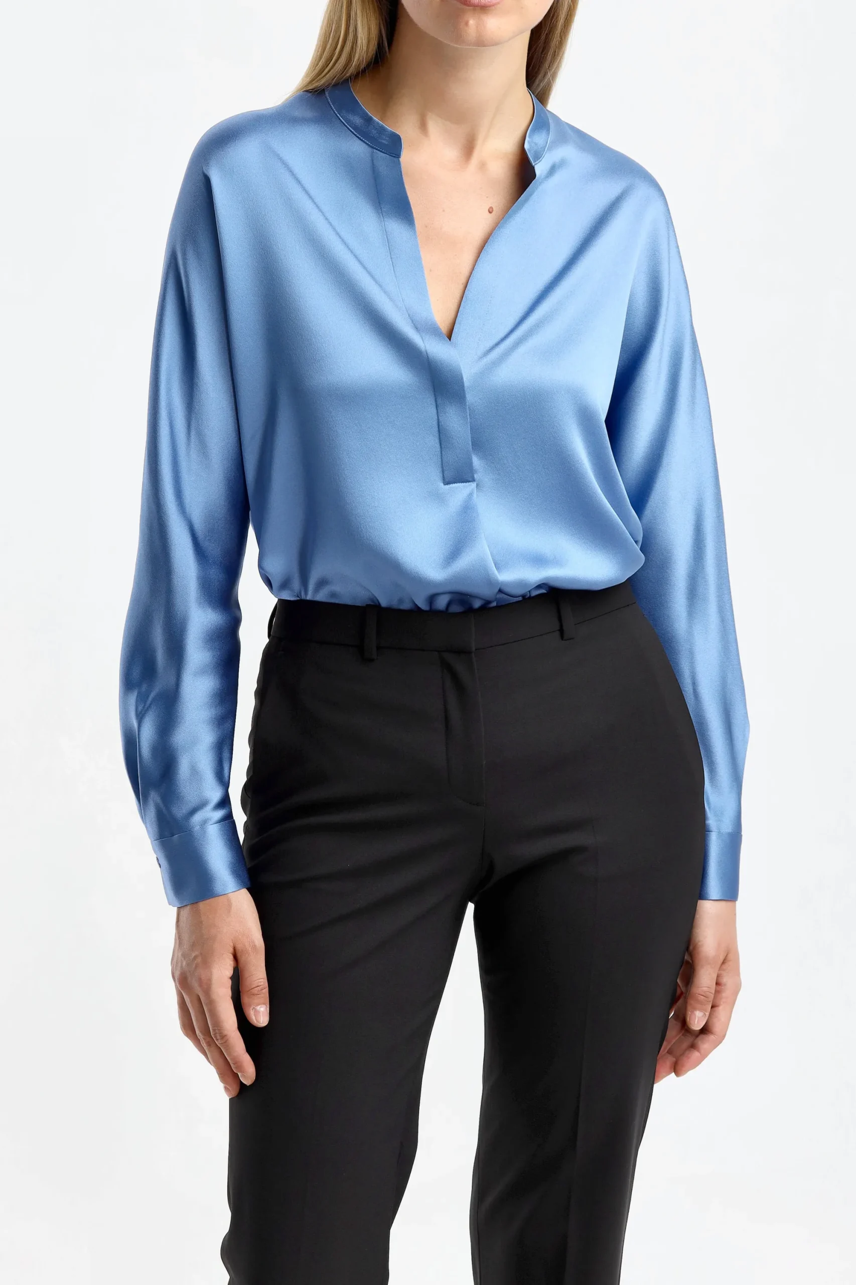 Femme Vince Blouse En Soie Band Collar In Pool