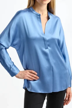 Femme Vince Blouse En Soie Band Collar In Pool