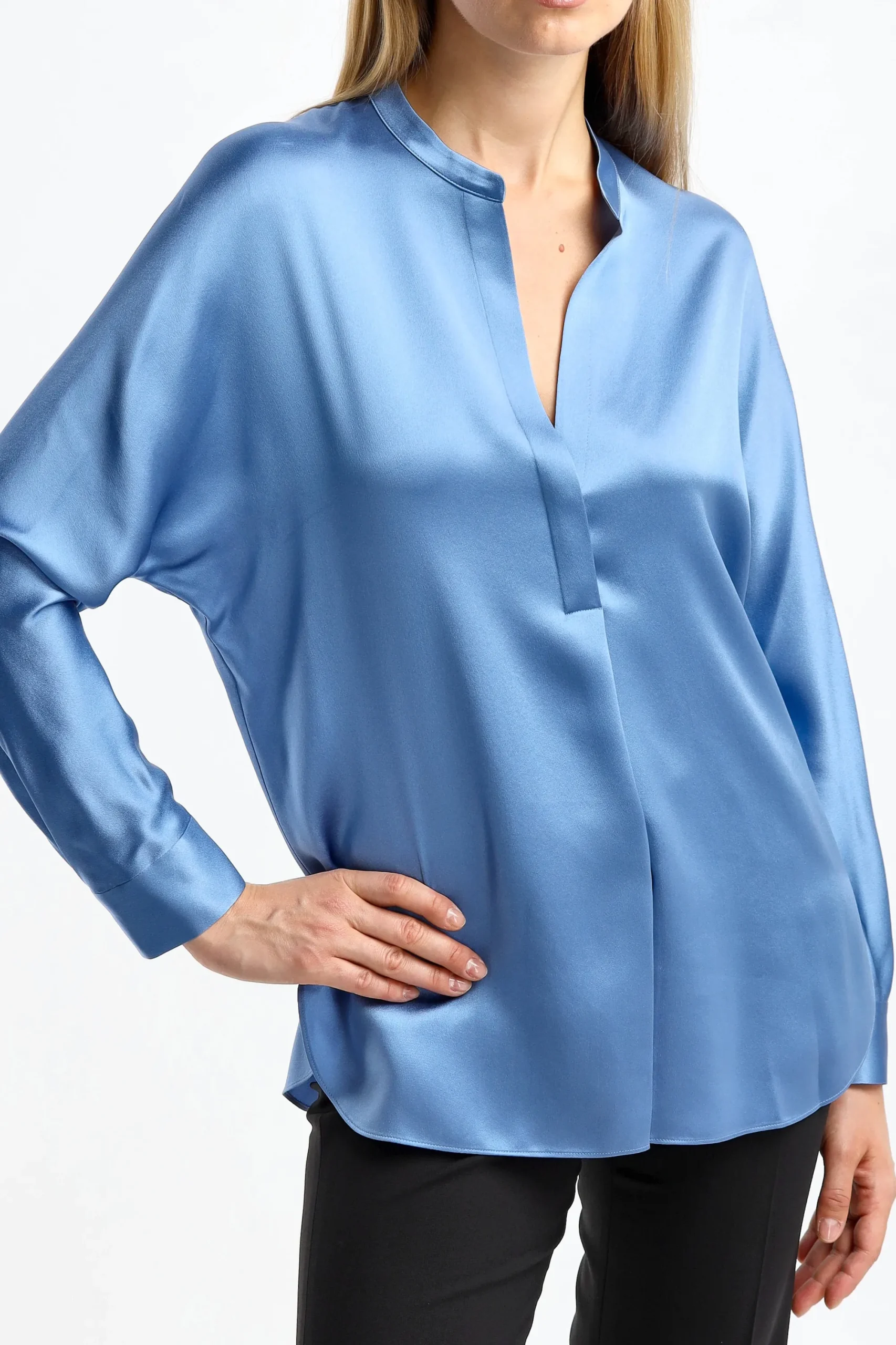 Femme Vince Blouse En Soie Band Collar In Pool