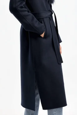 Femme Yves Salomon Manteau Avec Col En Fourrure Bleu Marine