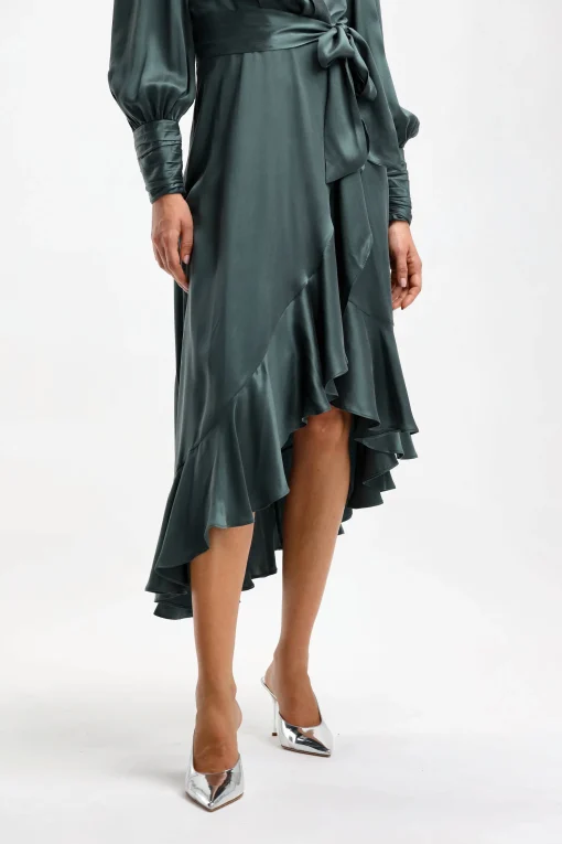 Femme Zimmermann Robe En Soie Wrap Midi Vert Fonce