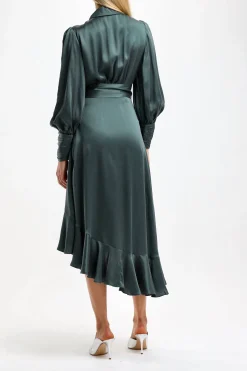 Femme Zimmermann Robe En Soie Wrap Midi Vert Fonce