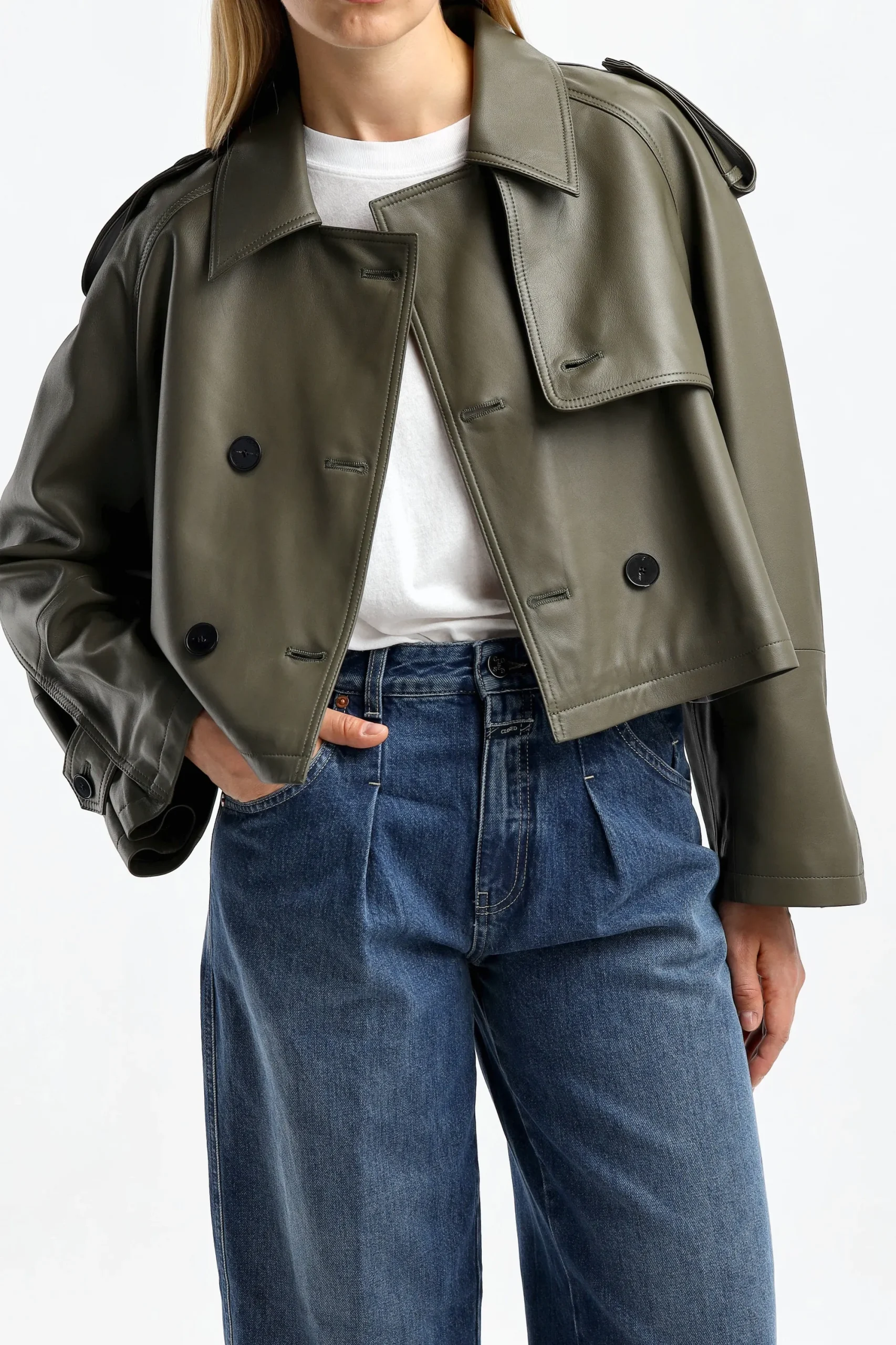 Femme Closed Veste Cropped Trench En Vert Armee