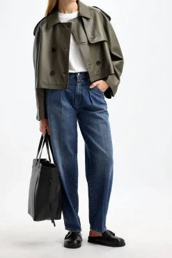 Femme Closed Veste Cropped Trench En Vert Armee