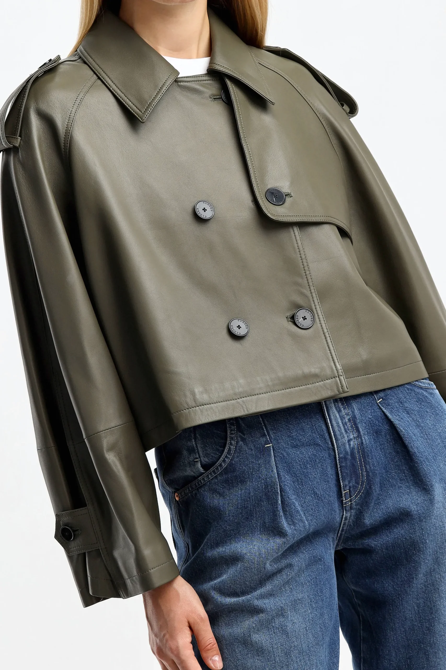 Femme Closed Veste Cropped Trench En Vert Armee