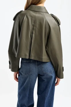 Femme Closed Veste Cropped Trench En Vert Armee
