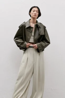 Femme Closed Veste Cropped Trench En Vert Armee