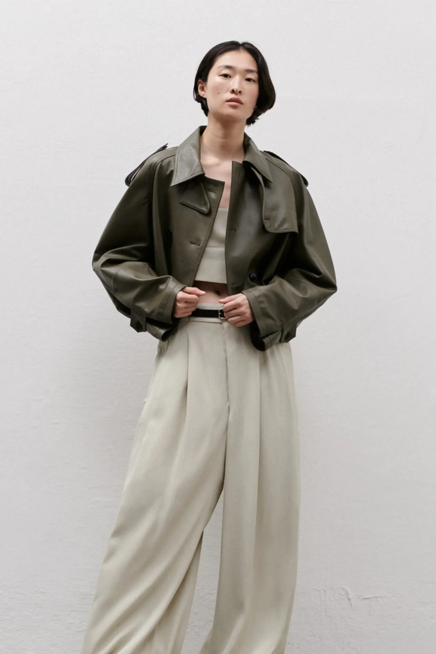 Femme Closed Veste Cropped Trench En Vert Armee