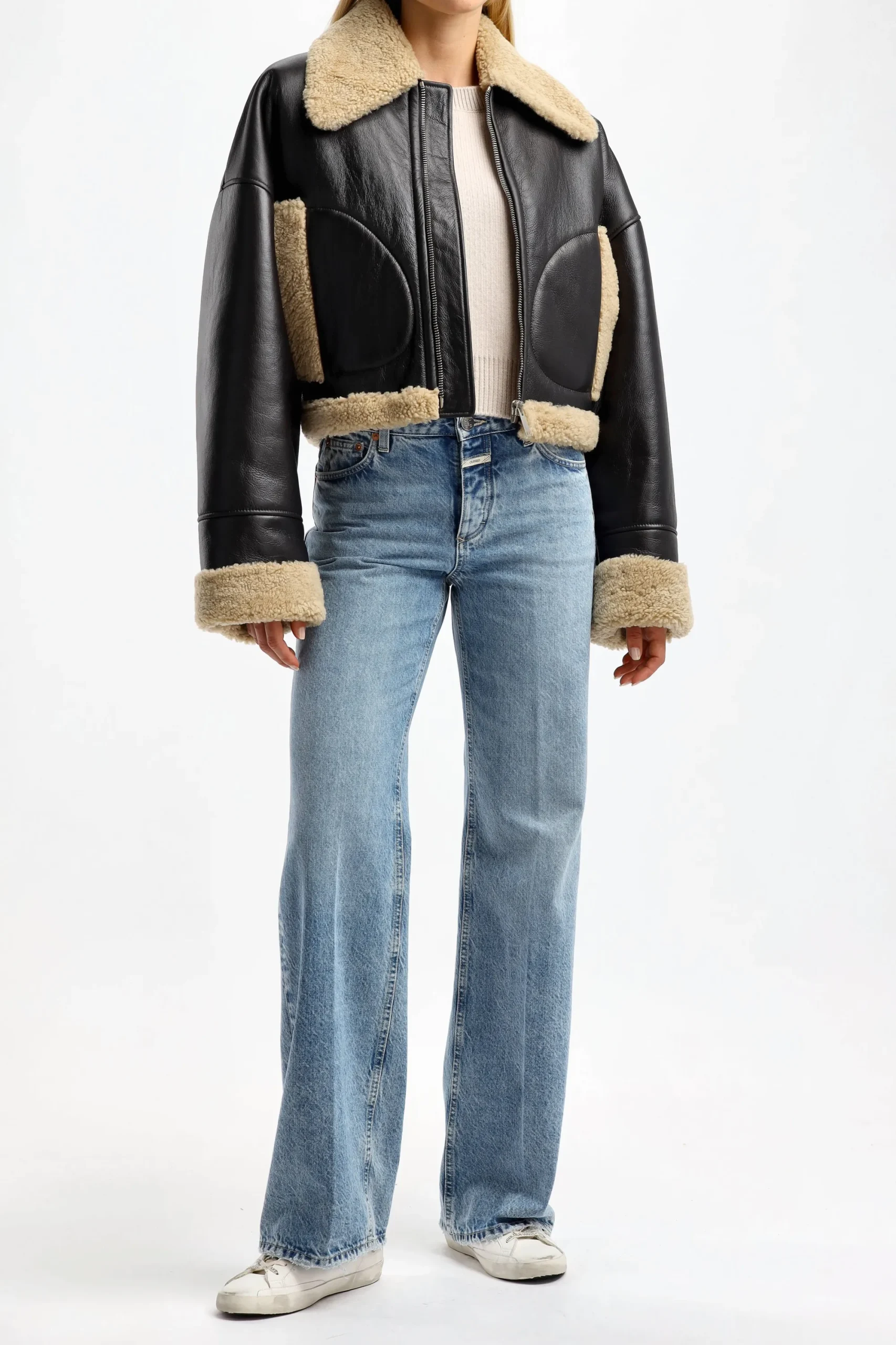 Femme Halfboy Veste En Cuir Short Aviator En Noir