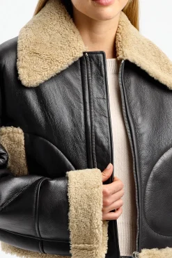 Femme Halfboy Veste En Cuir Short Aviator En Noir